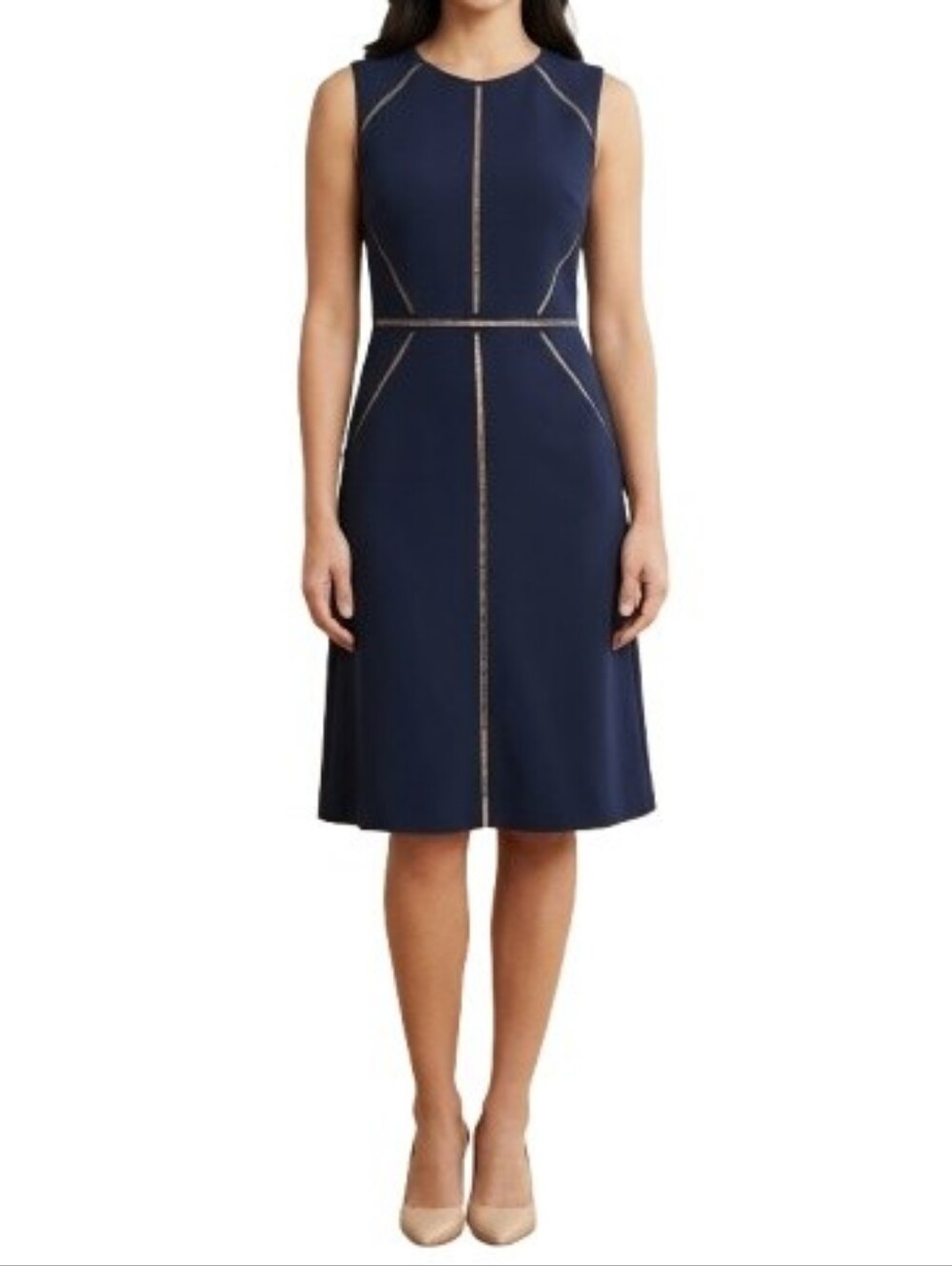 Alex Marie A-Line Dress Dark Blue Navy Ladder Trim Accents Sleeveless Classic